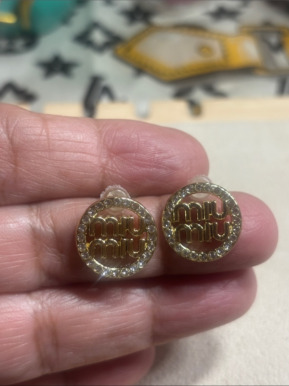 Gold Logo Crystal Circle Stud Earrings